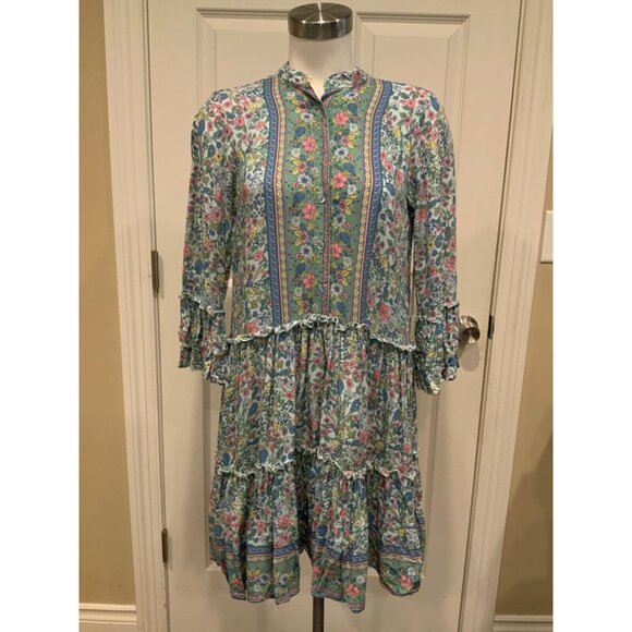 SEA LUSTRE Dresses & Skirts - SEA LUSTRE Blue & Multicolor Floral Ruffled 3/4 Sleeve Dress, Size S/M